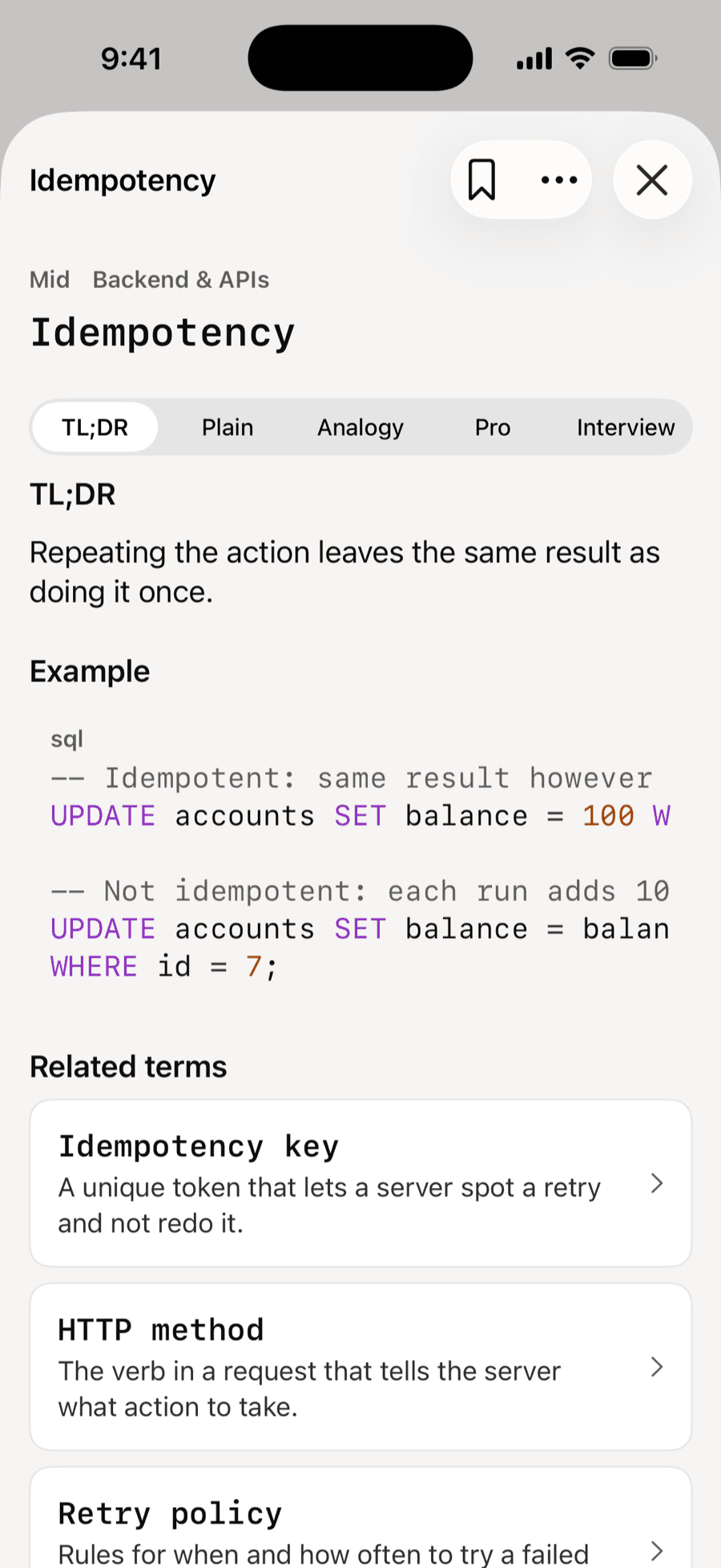 The Idempotency card in the Lexicode app, showing the TL;DR explanation.