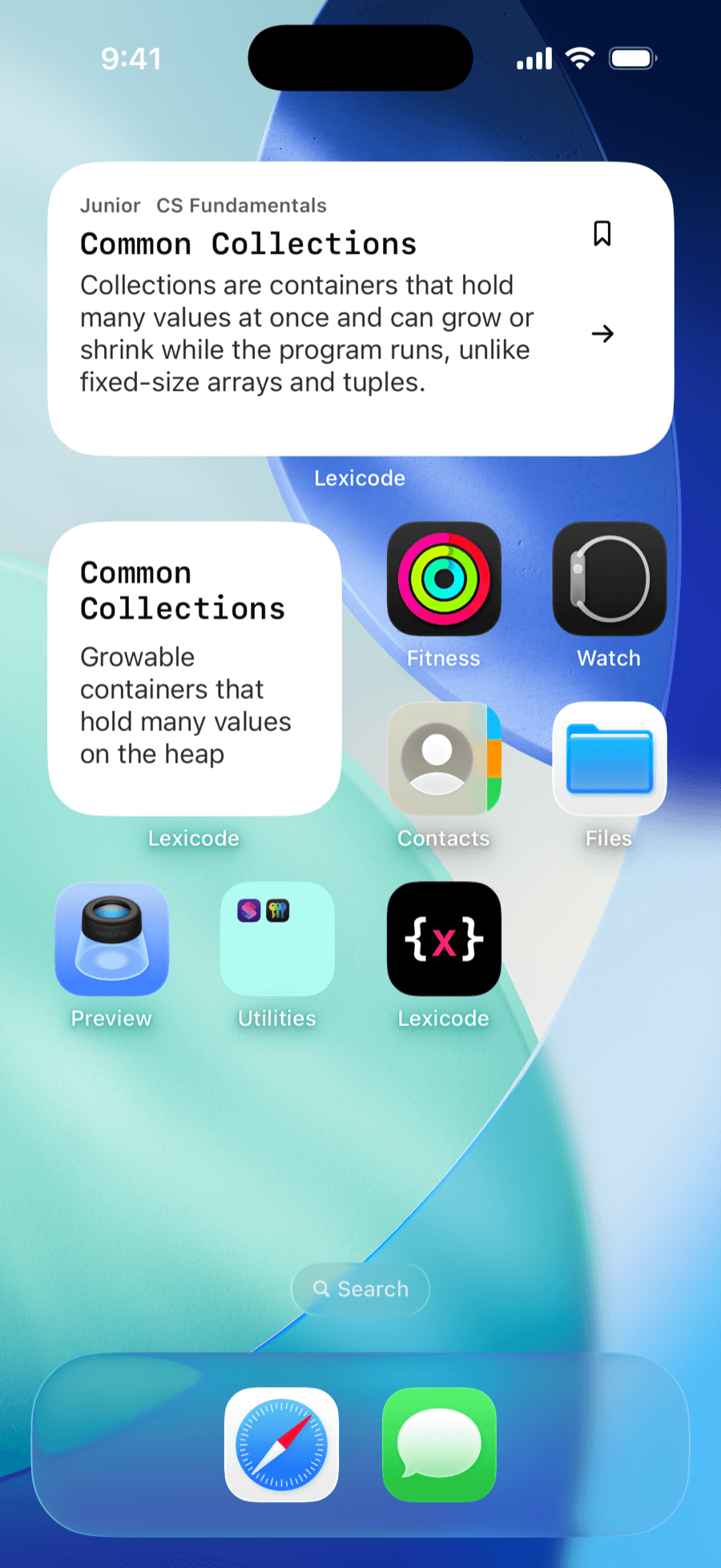 An iPhone Home Screen with a medium and a small Lexicode widget, both showing the term Common Collections.