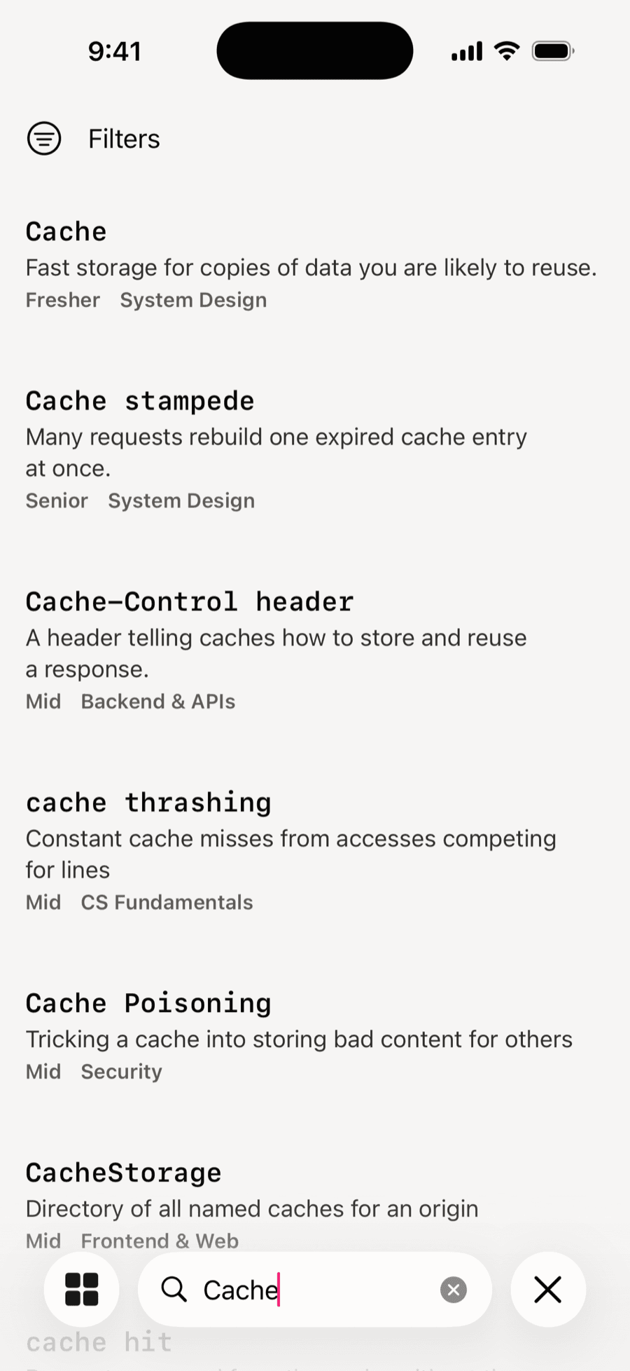 Search results in Lexicode for “cache”: Cache, Cache stampede, Cache-Control header, cache thrashing, Cache Poisoning, CacheStorage.